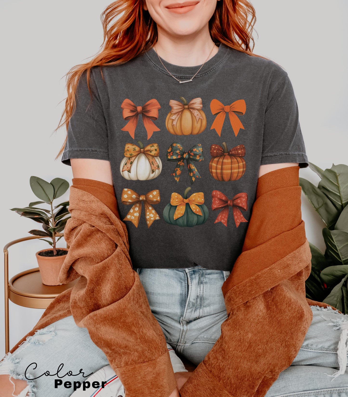 Comfort Colors Retro Fall Pumpkin Bow Shirt, Fall Coquette Bow Sweatshirt, Autumn Pumpkin Tee, Fall T-Shirt , Comfort Colors® Shirt, Thanksgiving Shirt