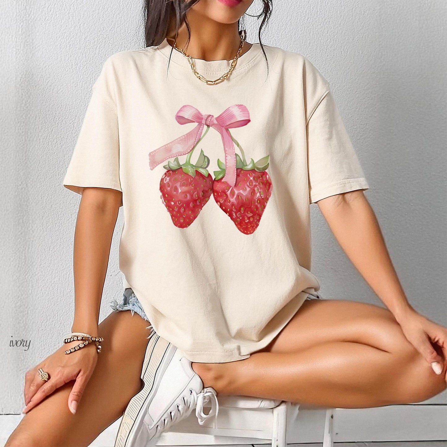 Comfort Colors Bow Coquette Strawberries Shirt, Strawberry Bow Shirts, Minimalist Summer Shirt