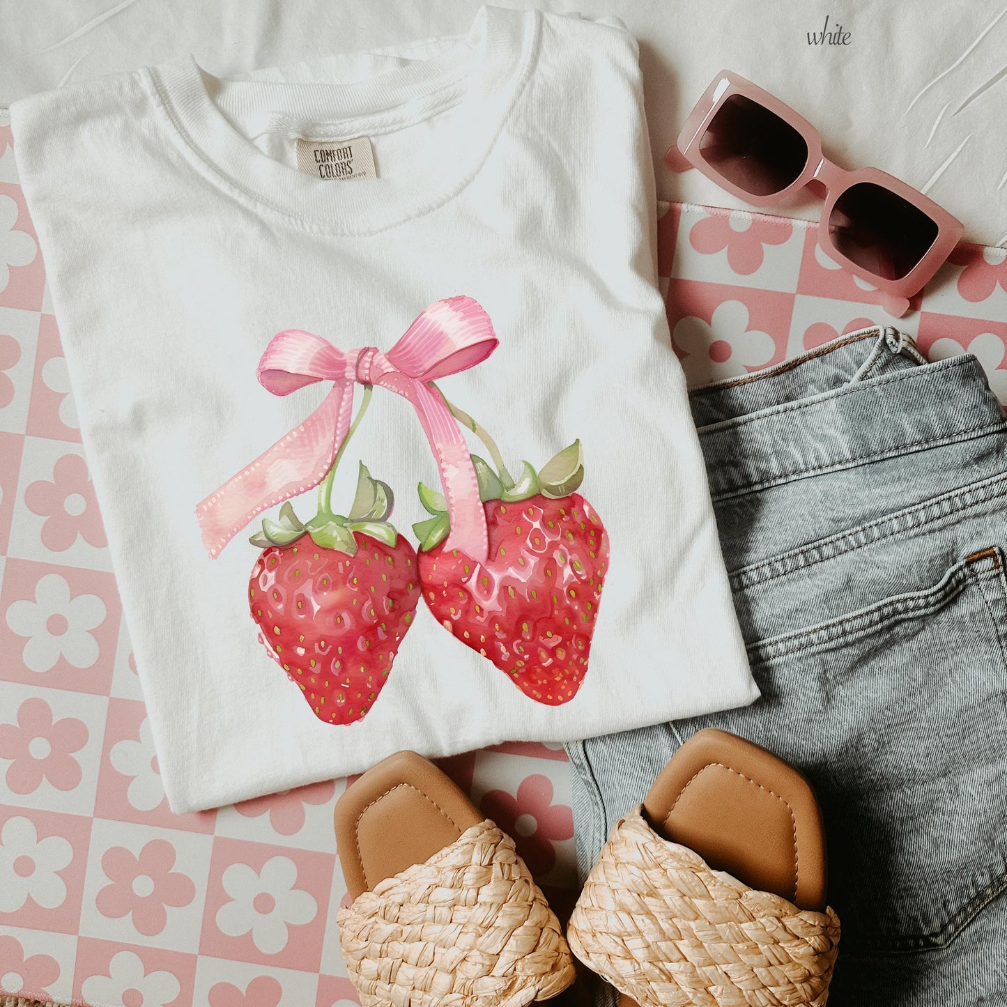 Comfort Colors Bow Coquette Strawberries Shirt, Strawberry Bow Shirts, Minimalist Summer Shirt