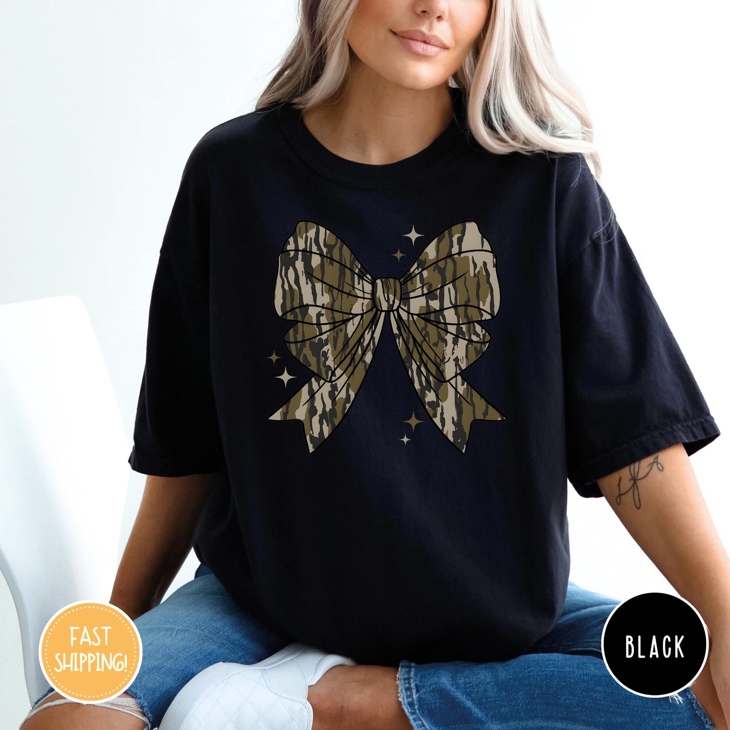 Comfort Colors Camo Coquette Bow Shirt, Duck Hunting Shirt, Old School Camo Shirt, Fall Shirt, Women'S Camouflage Bow Shirt