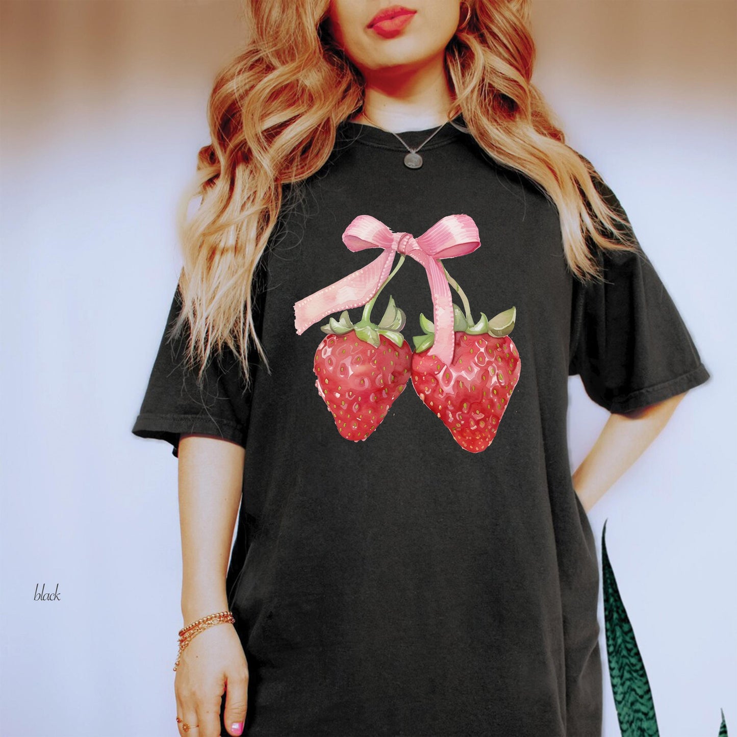 Comfort Colors Bow Coquette Strawberries Shirt, Strawberry Bow Shirts, Minimalist Summer Shirt