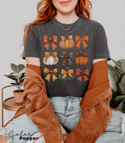 Comfort Colors Retro Fall Pumpkin Bow Shirt, Fall Coquette Bow Sweatshirt, Autumn Pumpkin Tee, Fall T-Shirt , Comfort Colors® Shirt, Thanksgiving Shirt