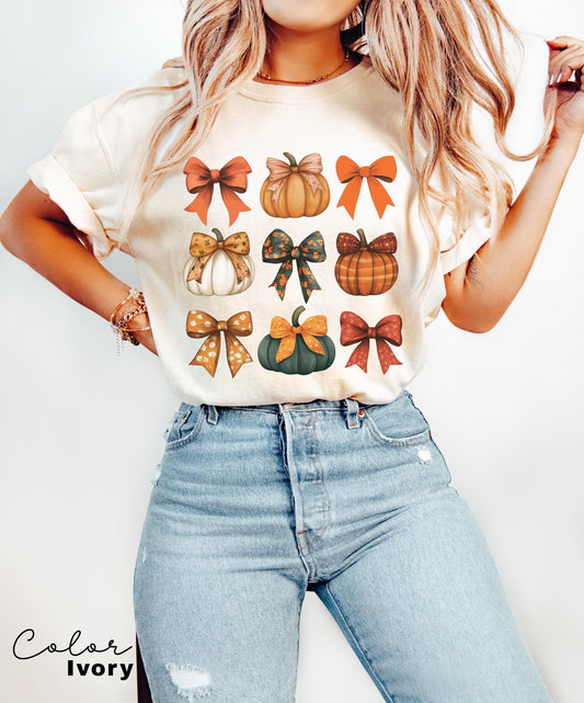 Comfort Colors Retro Fall Pumpkin Bow Shirt, Fall Coquette Bow Sweatshirt, Autumn Pumpkin Tee, Fall T-Shirt , Comfort Colors® Shirt, Thanksgiving Shirt
