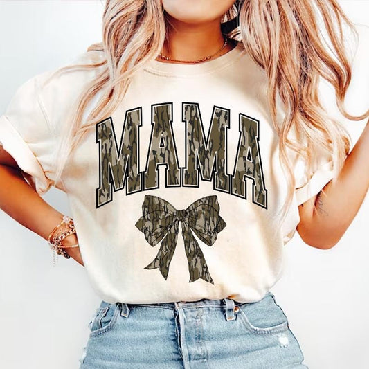 Comfort Colors Mama Camo Coquette Bow Shirt, Old School Camo Shirt, Girls Camo Bow Shirt Shirt, Huting Sublimation, Coquette Bow Shirt, Camo Dude Print Shirt