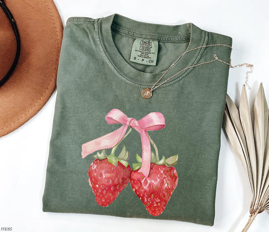 Comfort Colors Bow Coquette Strawberries Shirt, Strawberry Bow Shirts, Minimalist Summer Shirt