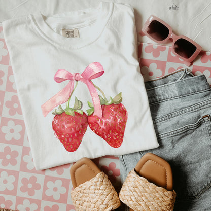 Comfort Colors Bow Coquette Strawberries Shirt, Strawberry Bow Shirts, Minimalist Summer Shirt