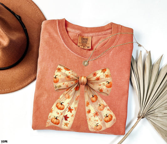 Comfort Colors Coquette Fall Shirt, Pumpkin Bow Shirt, Pumpkin Shirts For Women, Thanksgiving Shirt