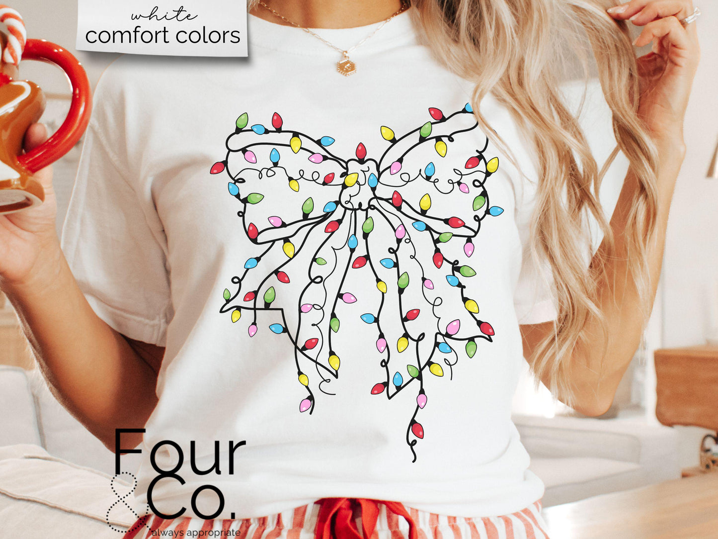 Comfort Colors Christmas Coquette Bow Shirt, String Light Bow Shirt