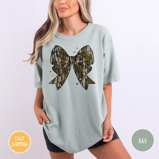 Comfort Colors Camo Coquette Bow Shirt, Duck Hunting Shirt, Old School Camo Shirt, Fall Shirt, Women'S Camouflage Bow Shirt