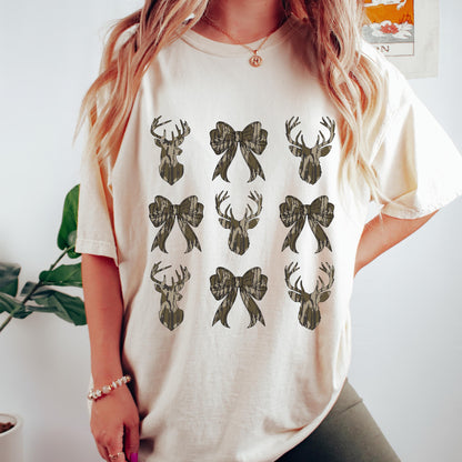 Comfort Colors Deer Hunt Camo Coquette Bow Shirt, Old School Camo Shirt, Girls Camo Bow Shirt Shirt,Coquette Bow Shirt, Girly Camo Shirt
