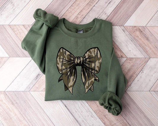 Camo Bow Sweatshirt, Camo Coquette Bow Shirt, Duck Hunting Shirt, Old School Camo Shirt, Fall Shirt, Women'S Camouflage Bow Shirt,Camo Shirt