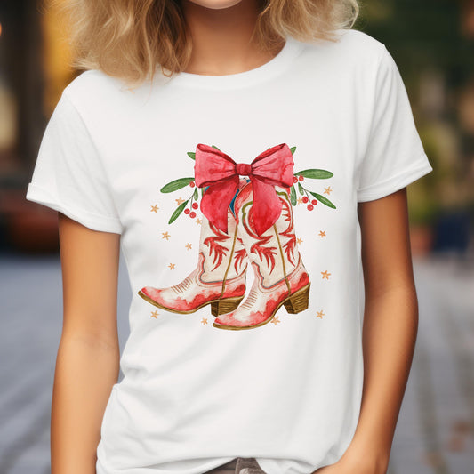 Comfort Colors Christmas Cowboy Boots Bow Shirt, Western Christmas Shirt, Girly Christmas Shirt, Merry Christmas, Vintage Christmas, Christmas Tree Shirt