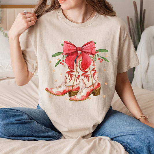 Comfort Colors Christmas Cowboy Boots Bow Shirt, Western Christmas Shirt, Girly Christmas Shirt, Merry Christmas, Vintage Christmas, Christmas Tree Shirt