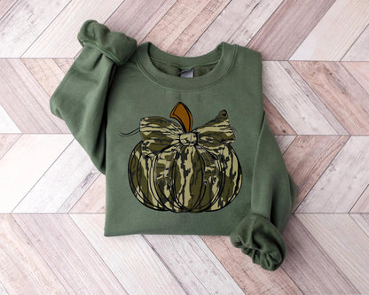 Bottomland Camo Coquette Bow Pumpkin Sweatshirt, Camo Pumpkin Bow, Preppy Hunting Pumpkin, Camouflage Bow, Girls Camo Bow Tee