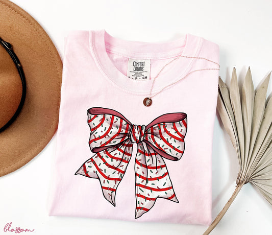 Comfort Colors Christmas Tree Cake Shirt, Pink Christmas Shirt, Coquette Christmas Tee, Christmas Bow Shirt