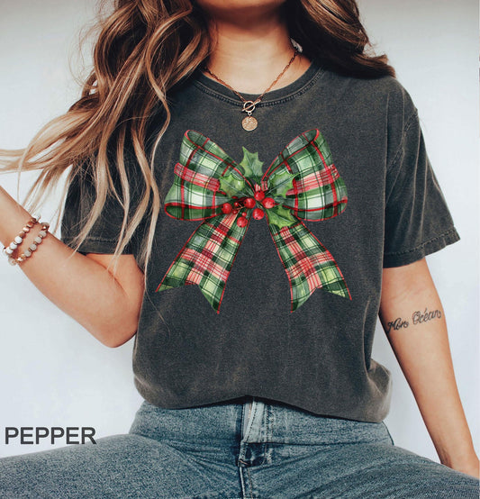Comfort Colors Christmas Bow Shirt, Coquette Bow Shirts, Christmas Girly Tees, Christmas Gift, Christmas Retro Tee, Xmas Coquette Shirts #2