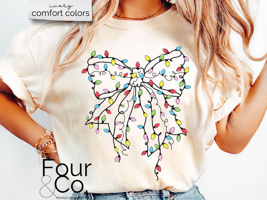 Comfort Colors Christmas Coquette Bow Shirt, String Light Bow Shirt