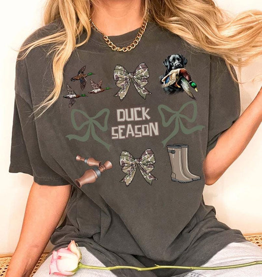 Comfort Colors Camo Coquette Bow Shirt, Duck Season Shirt, Girls Camo Bow Shirt Shirt, Hunting Sublimation For Tees, Coquette Bow Shirt, Camo Dude Print Shirt