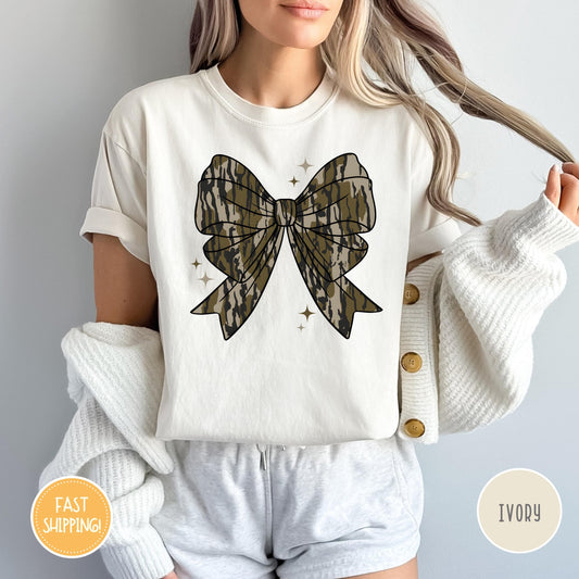 Comfort Colors Camo Coquette Bow Shirt, Duck Hunting Shirt, Old School Camo Shirt, Fall Shirt, Women'S Camouflage Bow Shirt
