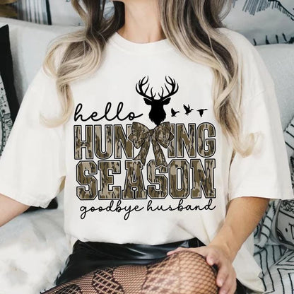 Comfort Colors Hello Hunting Season Goodbye Husband Shirt, Camo Coquette Bow Shirt, Hunting Sublimation, Camo Dude Print Shirt, Girls Camo Bow Shirt