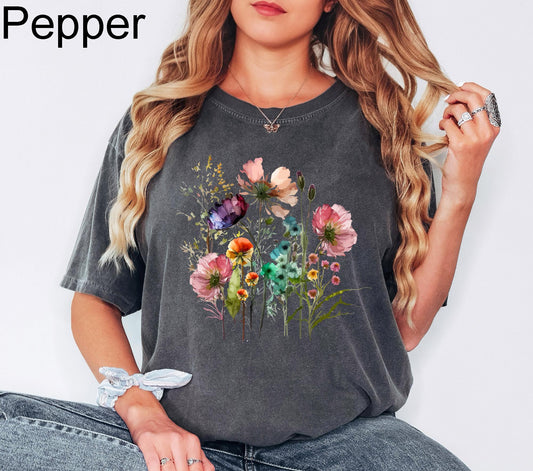 Boho Cottagecore Wildflowers Comfort Colors Shirt, Vintage Pressed Flowers Botanical Floral, Gift For Gardener