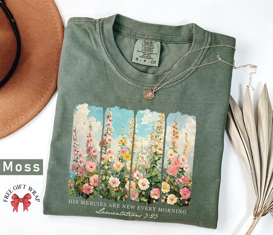 His Mercies Are New Every Morning Comfort Colors Shirt, Retro Flower Christian Faith Cozy Bible Verse Quotes