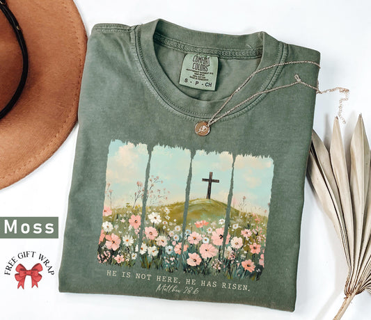 Retro Floral Christian He Has Risen Comfort Colors Shirt, Christian Wild Flower Graphic, Cozy Religious